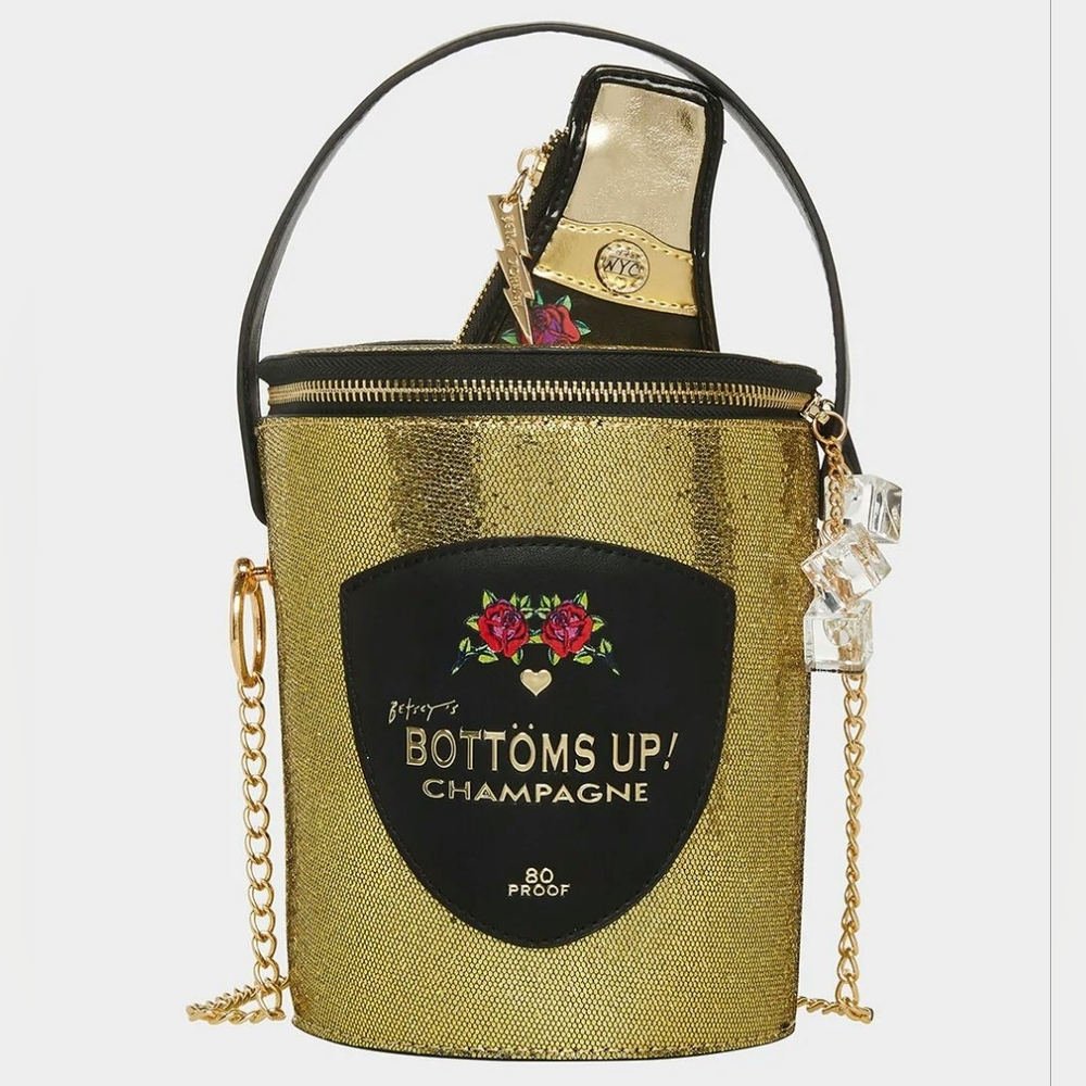 Betsey Johnson Bottoms Up Champagne Bottle Crossbody Bag Gold & Black – Excellen